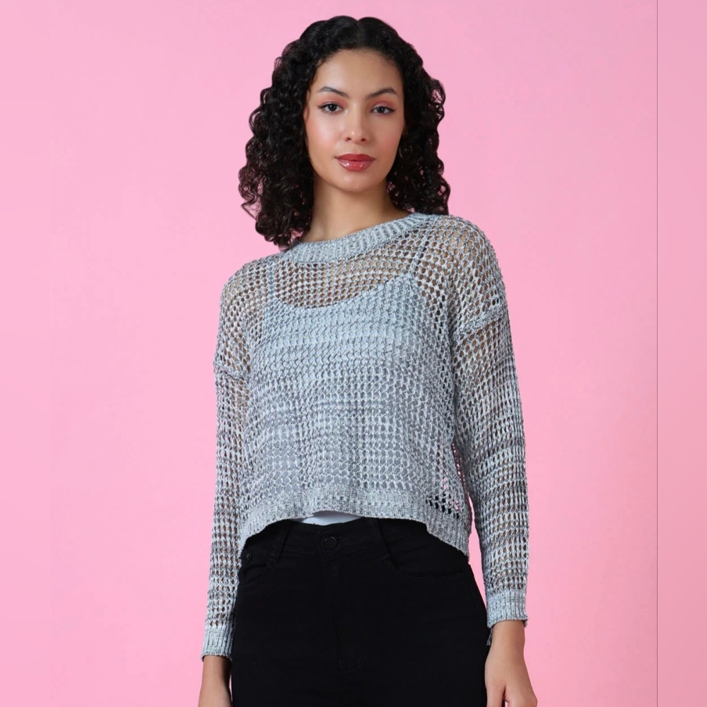 Gray Crochet Knit Cropped Long Sleeve Sweater Top Medium